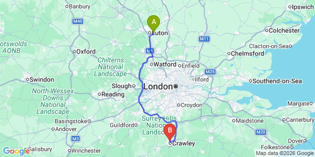 Map: London Luton Airport (LTN) to West Green