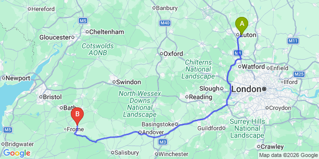 Map: London Luton Airport (LTN) to Westbury
