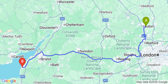 Map: London Luton Airport (LTN) to Weston-Super-Mare