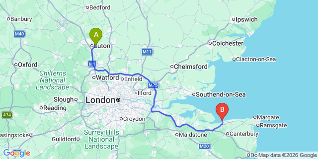 Map: London Luton Airport (LTN) to Whitstable