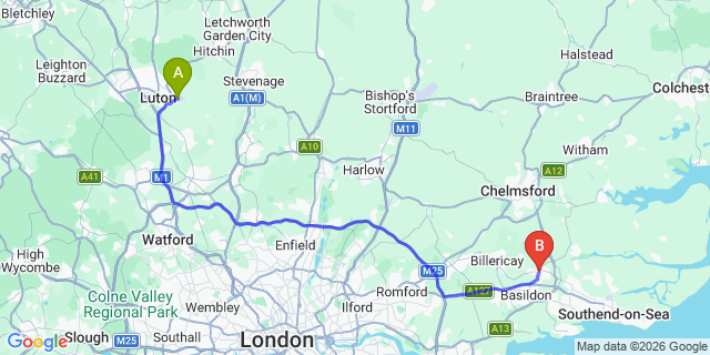 Map: London Luton Airport (LTN) to Wickford