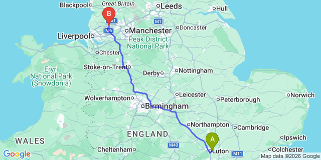 Map: London Luton Airport (LTN) to Wigan