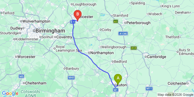 Map: London Luton Airport (LTN) to Wigston
