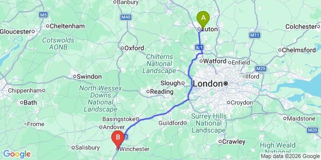 Map: London Luton Airport (LTN) to Winchester