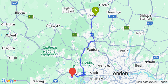 Map: London Luton Airport (LTN) to Windsor