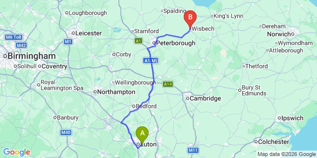 Map: London Luton Airport (LTN) to Wisbech
