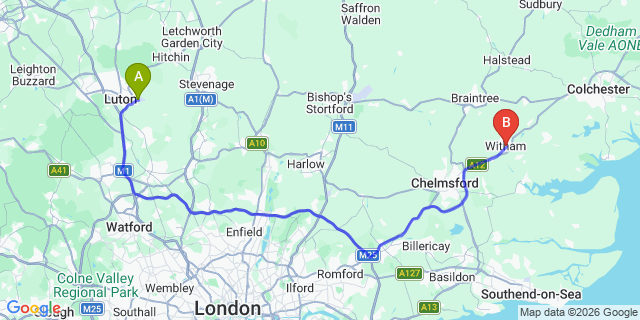 Map: London Luton Airport (LTN) to Witham