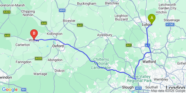 Map: London Luton Airport (LTN) to Witney
