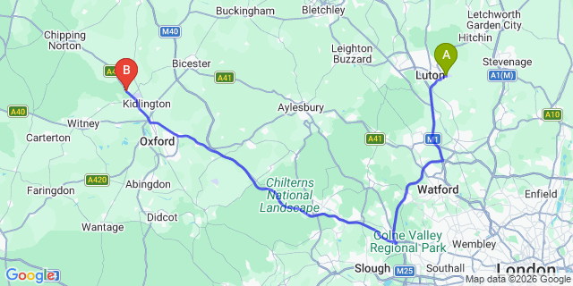 Map: London Luton Airport (LTN) to Woodstock