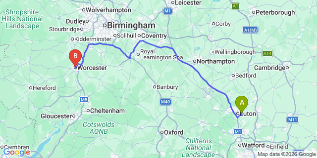 Map: London Luton Airport (LTN) to Worcester