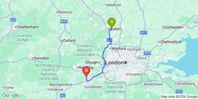 Map: London Luton Airport (LTN) to Yateley