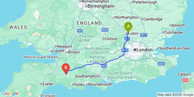 Map: London Luton Airport (LTN) to Yeovil