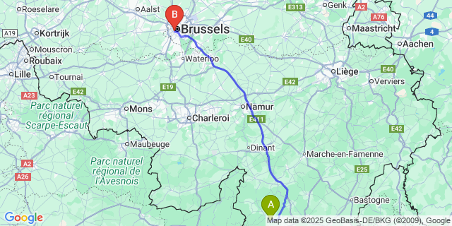 Map: Brussels Midi Train Station to Carlsbourg