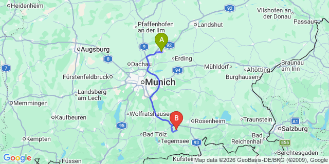 Map: Munich Airport (MUC) to Alpbach