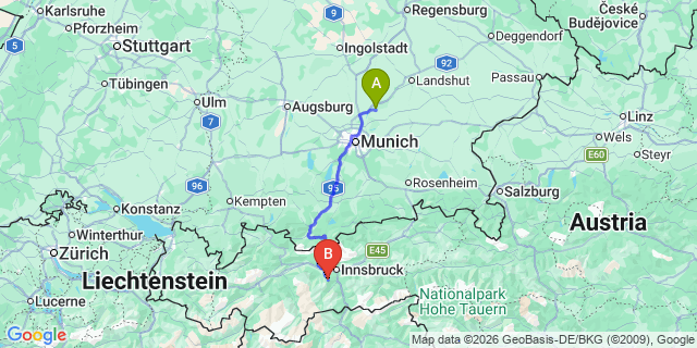 Map: Munich Airport (MUC) to Axamer Lixum