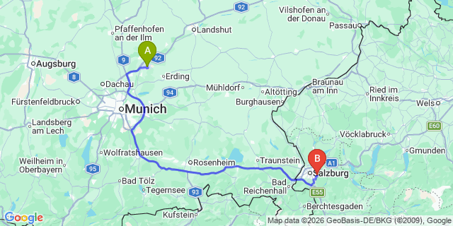 Map: Munich Airport (MUC) to Bad Hofgastein
