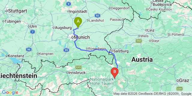 Map: Munich Airport (MUC) to Badgastein