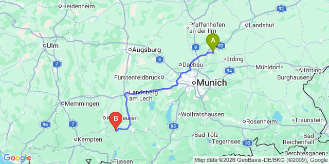 Map: Munich Airport (MUC) to Berwang