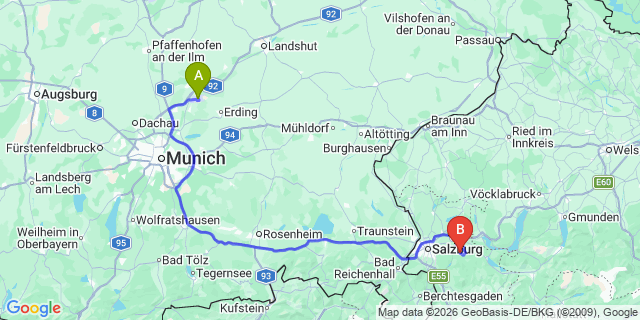 Map: Munich Airport (MUC) to Bischofshofen