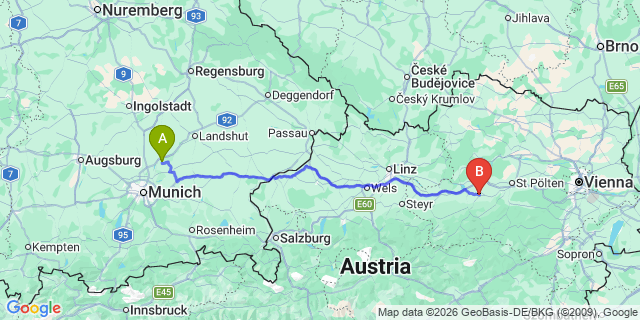 Map: Munich Airport (MUC) to Bruck an der Mur