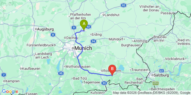 Map: Munich Airport (MUC) to Ellmau