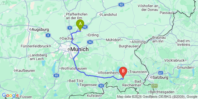 Map: Munich Airport (MUC) to Fieberbrunn
