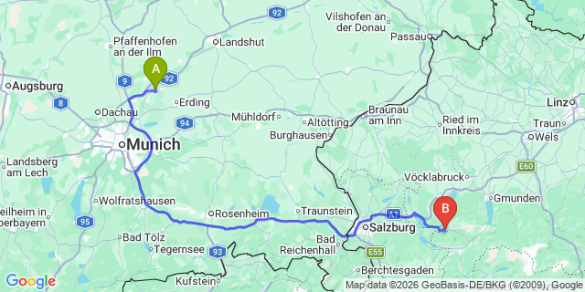 Map: Munich Airport (MUC) to Filzmoos
