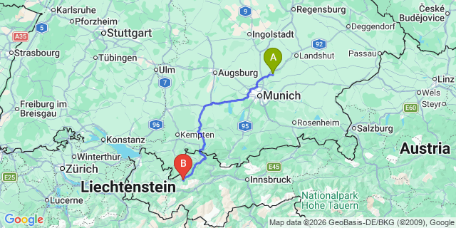 Map: Munich Airport (MUC) to Flirsch