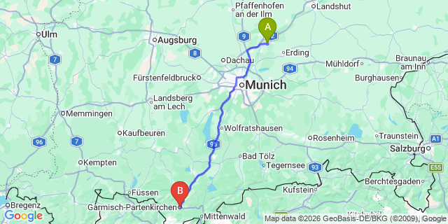 Map: Munich Airport (MUC) to Garmisch-Partenkirchen