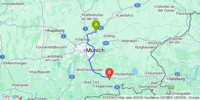 Map: Munich Airport (MUC) to Gerlos