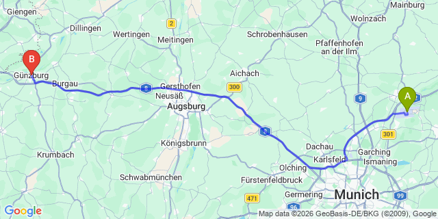 Map: Munich Airport (MUC) to Günzburg