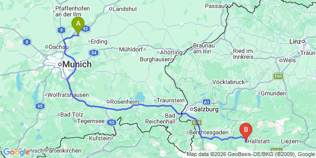 Map: Munich Airport (MUC) to Hallstatt