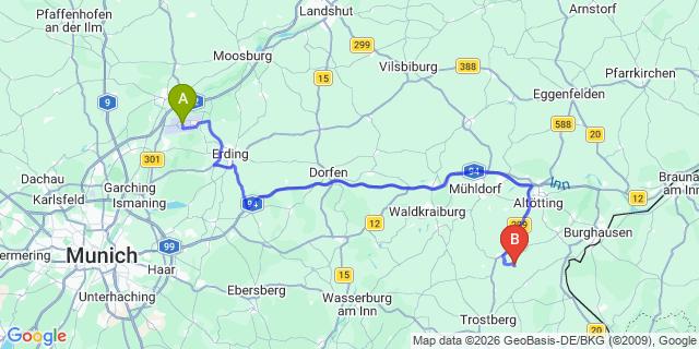Map: Munich Airport (MUC) to Hochfilzen