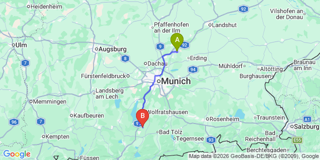 Map: Munich Airport (MUC) to Igls