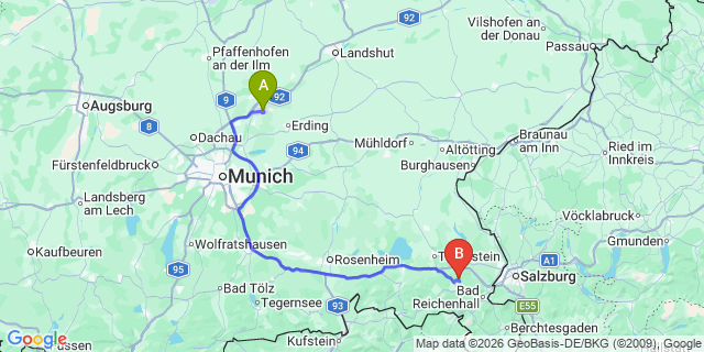 Map: Munich Airport (MUC) to Kaprun