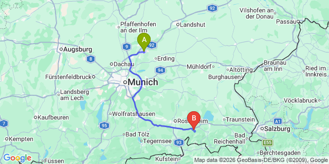 Map: Munich Airport (MUC) to Kirchberg