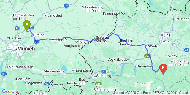 Map: Munich Airport (MUC) to Klagenfurt
