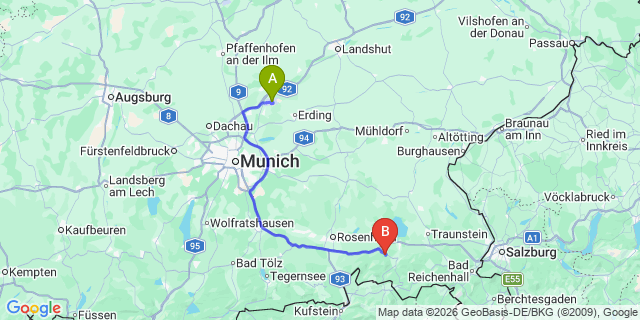 Map: Munich Airport (MUC) to Kossen