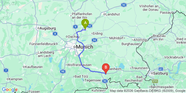 Map: Munich Airport (MUC) to Krimml