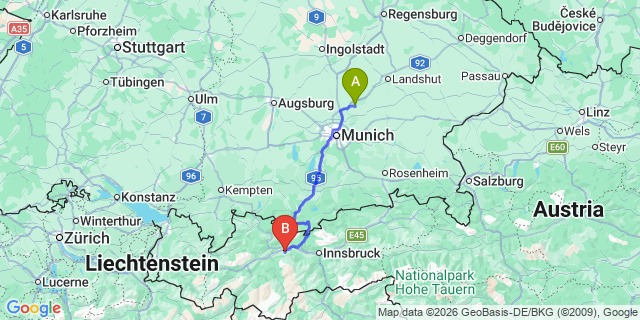 Map: Munich Airport (MUC) to Kuhtai