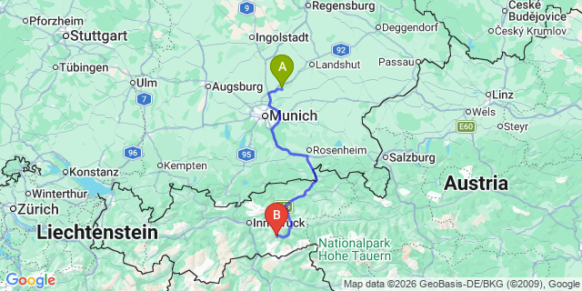 Map: Munich Airport (MUC) to Lanersbach