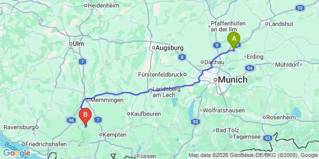 Map: Munich Airport (MUC) to Lech am Arlberg