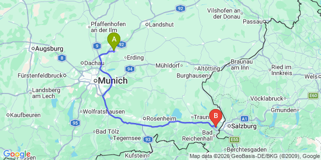 Map: Munich Airport (MUC) to Maria Alm