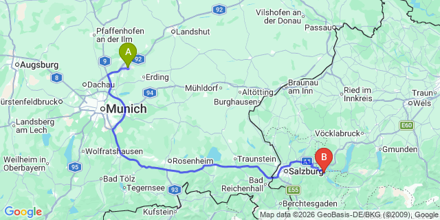 Map: Munich Airport (MUC) to Mondsee