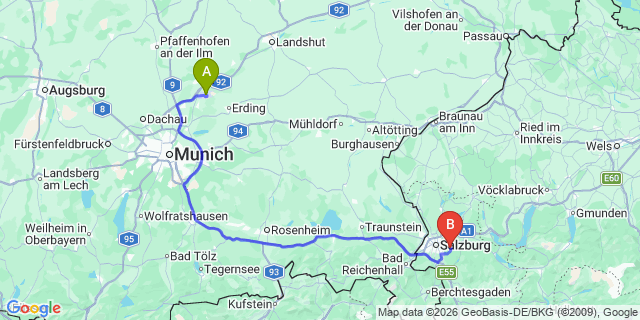 Map: Munich Airport (MUC) to Muhlbach am Hochkonig
