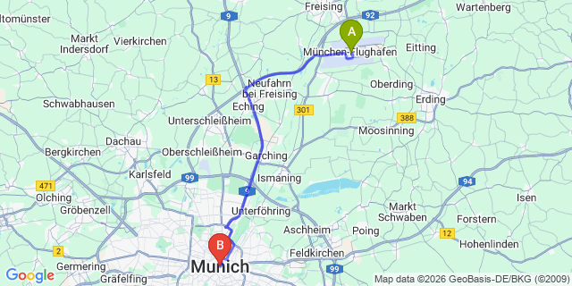 Map: Munich Airport (MUC) to cancelMunich (all areas)