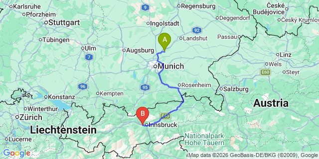 Map: Munich Airport (MUC) to Neustift