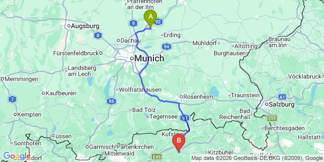 Map: Munich Airport (MUC) to Niederau, Tirol