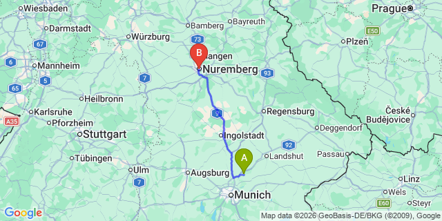 Map: Munich Airport (MUC) to Nuremberg