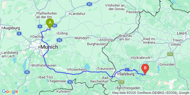 Map: Munich Airport (MUC) to Obertauern